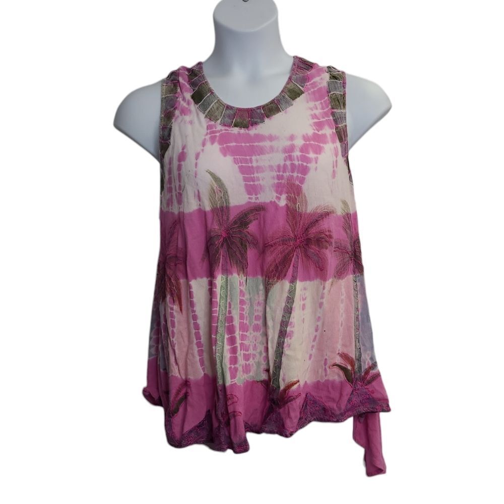 VINTAGE pink tie dye asymmetrical palm tree flowy tank top M